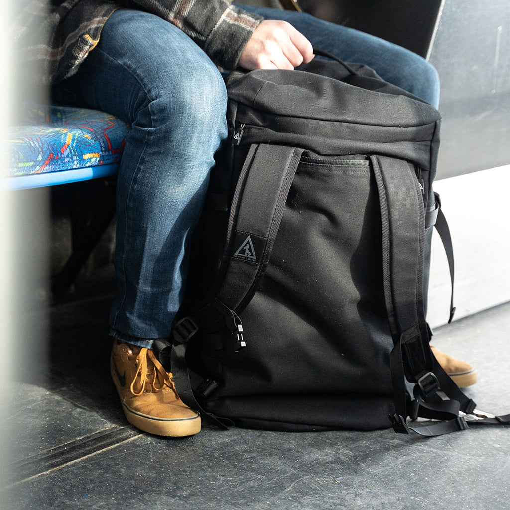 Burro duffel backpack used during travel on public transportation