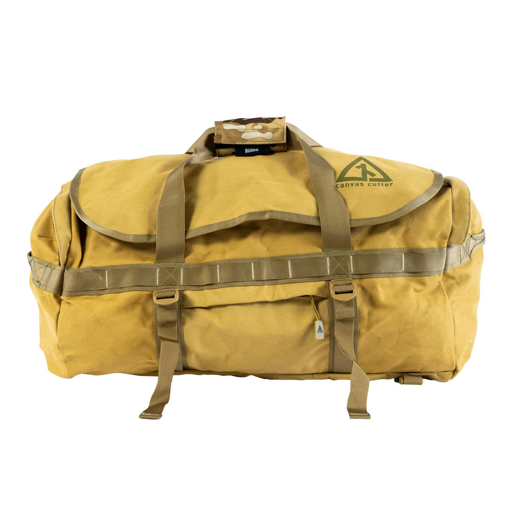 Tan Burro waterproof 60L duffel bag with reinforced straps and canvas construction