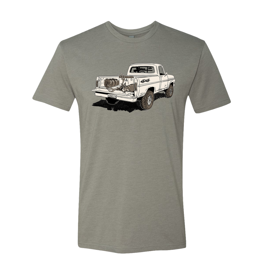 Close up of GOOD 'OL DAYS TEE Truck with Buck and canvas cutter gear in truck bed art. great for camp