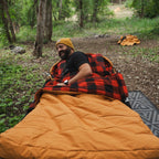discounted camping bundle, Sleeping bag and foam sleeping pad used at campsite