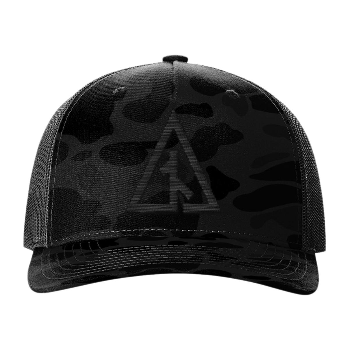 Front view of the Canvas Cutter Darkwater Hat featuring a black camouflage cap with a logo on a blackout five panel trucker design