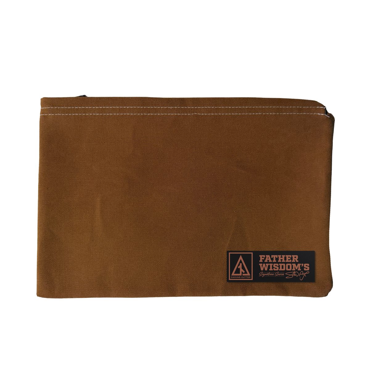Brown leather wallet with 'Father Wisdom's' logo on a white background
