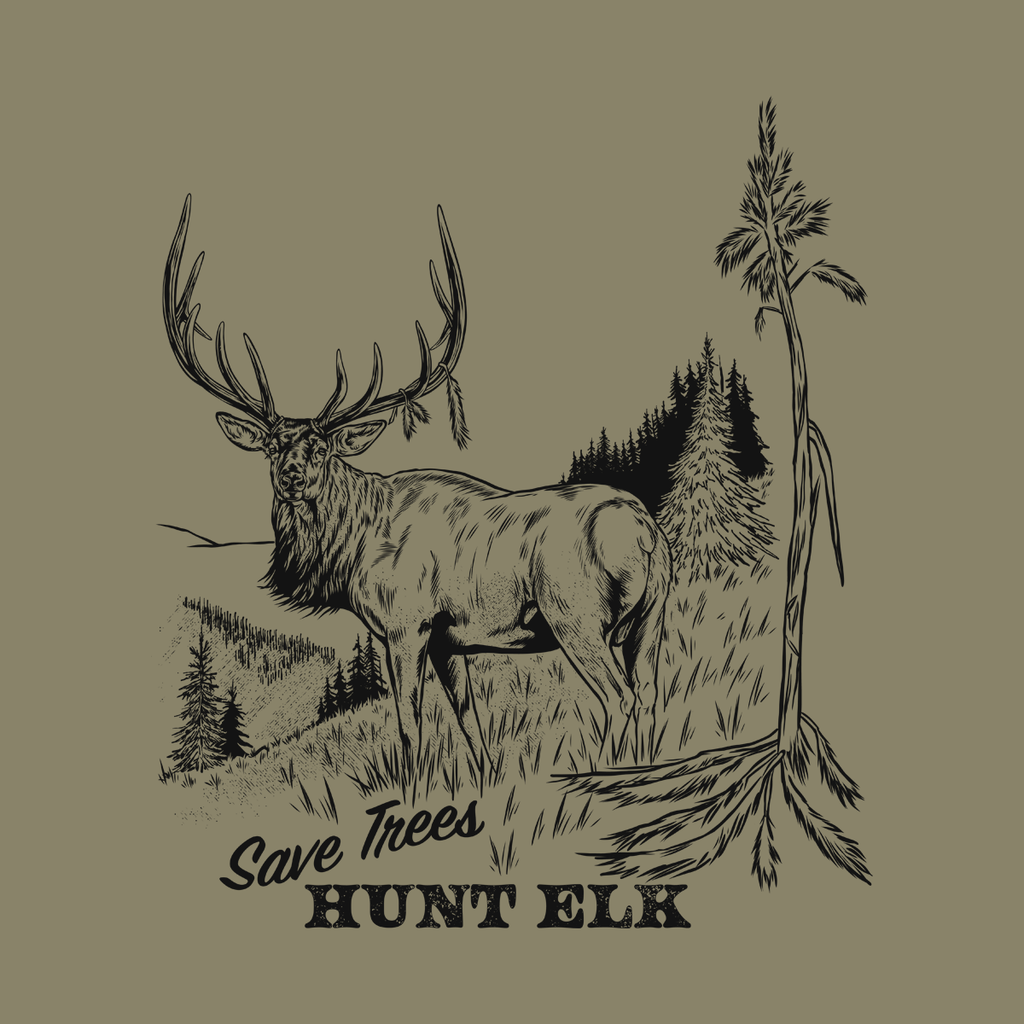 A close up of the art on this t shirt depicting hunting elk to save the trees. 