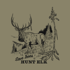 A close up of the art on this t shirt depicting hunting elk to save the trees. 