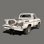 Close up of GOOD 'OL DAYS TEE Truck with Buck and canvas cutter gear in truck bed art. Happy Hunting!