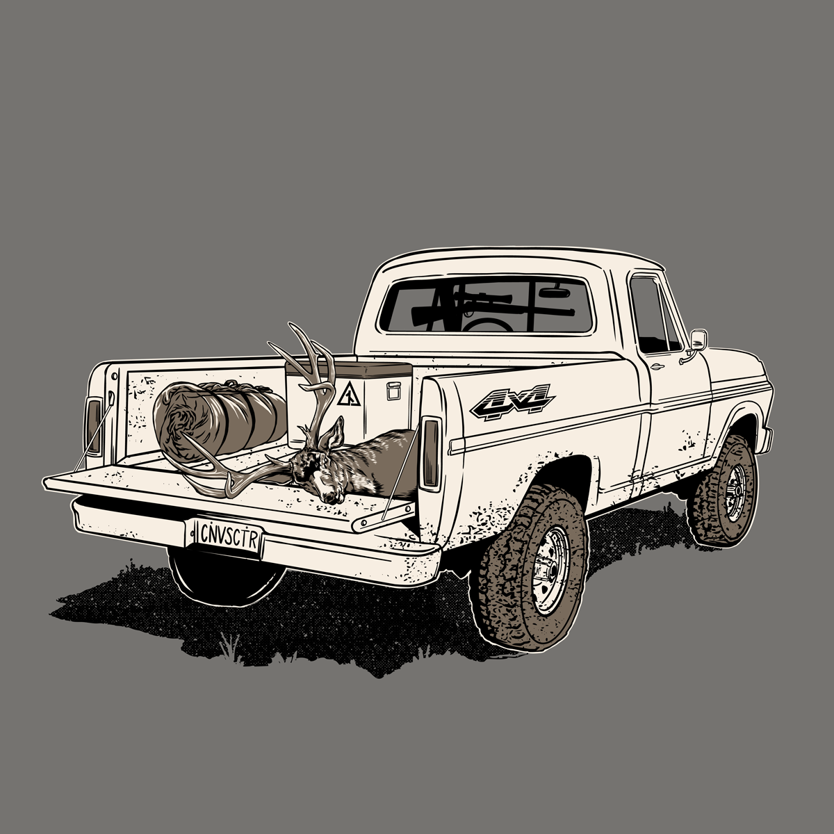 Close up of GOOD 'OL DAYS TEE Truck with Buck and canvas cutter gear in truck bed art. Happy Hunting!