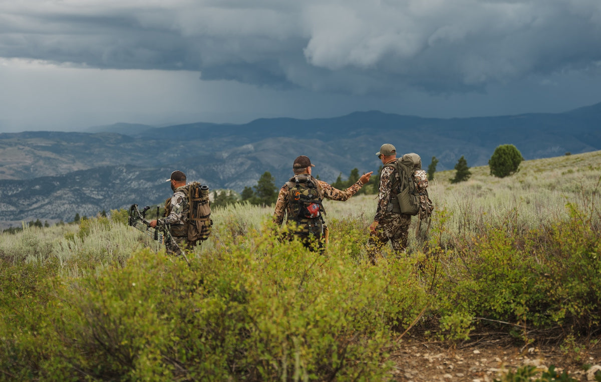 Three people in camouflage outdoor gear walking through brush on a mountain landscape under a dark stormy sky.