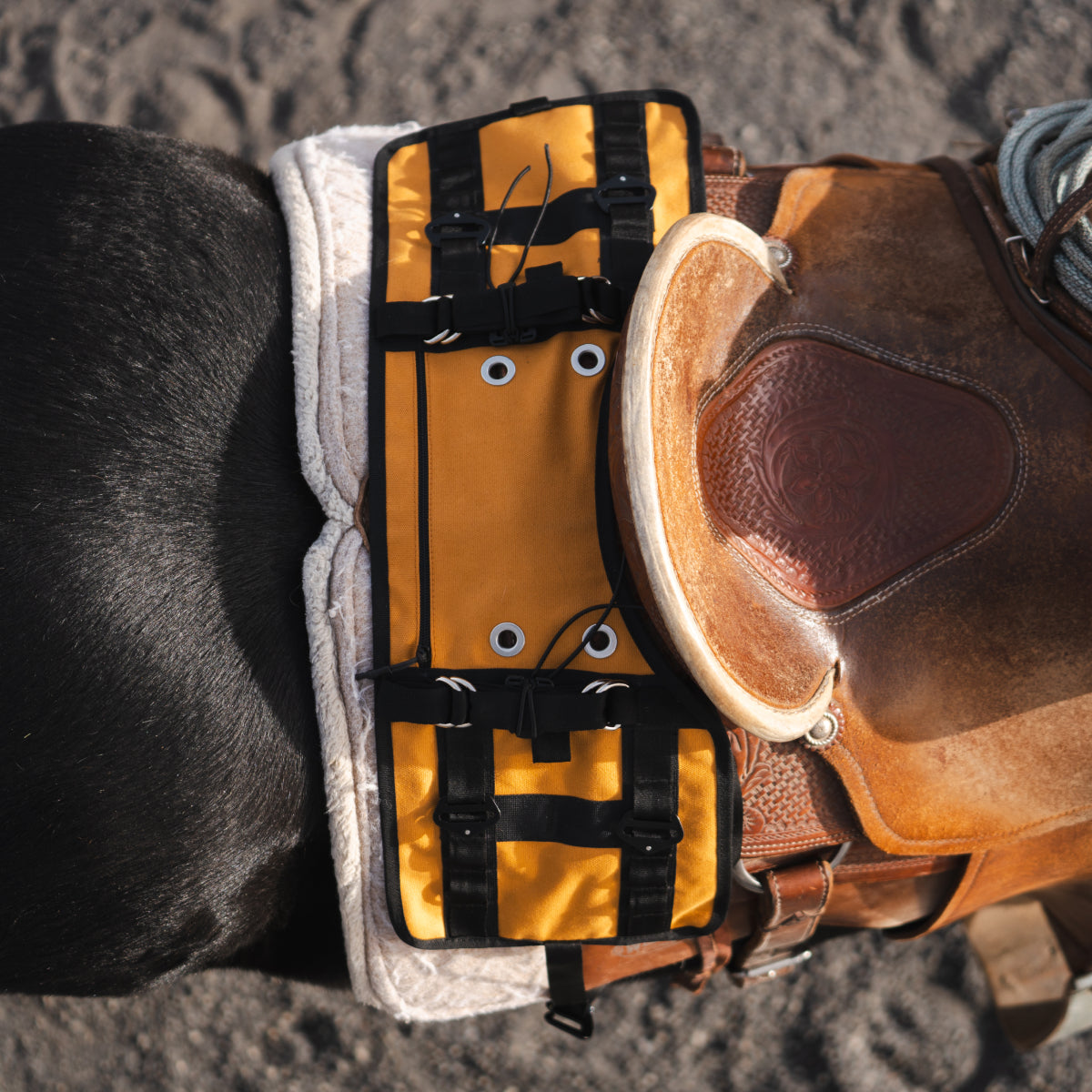 Stockman saddle bag skirt with multi-point attachment system