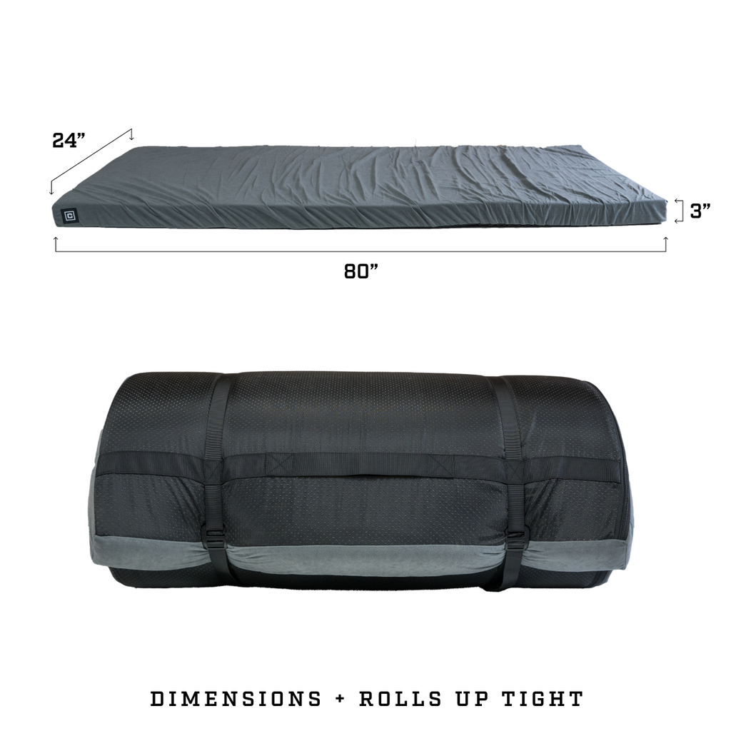 Side view of roll up foam sleeping pad showing thickness and mattress grade foam support.
