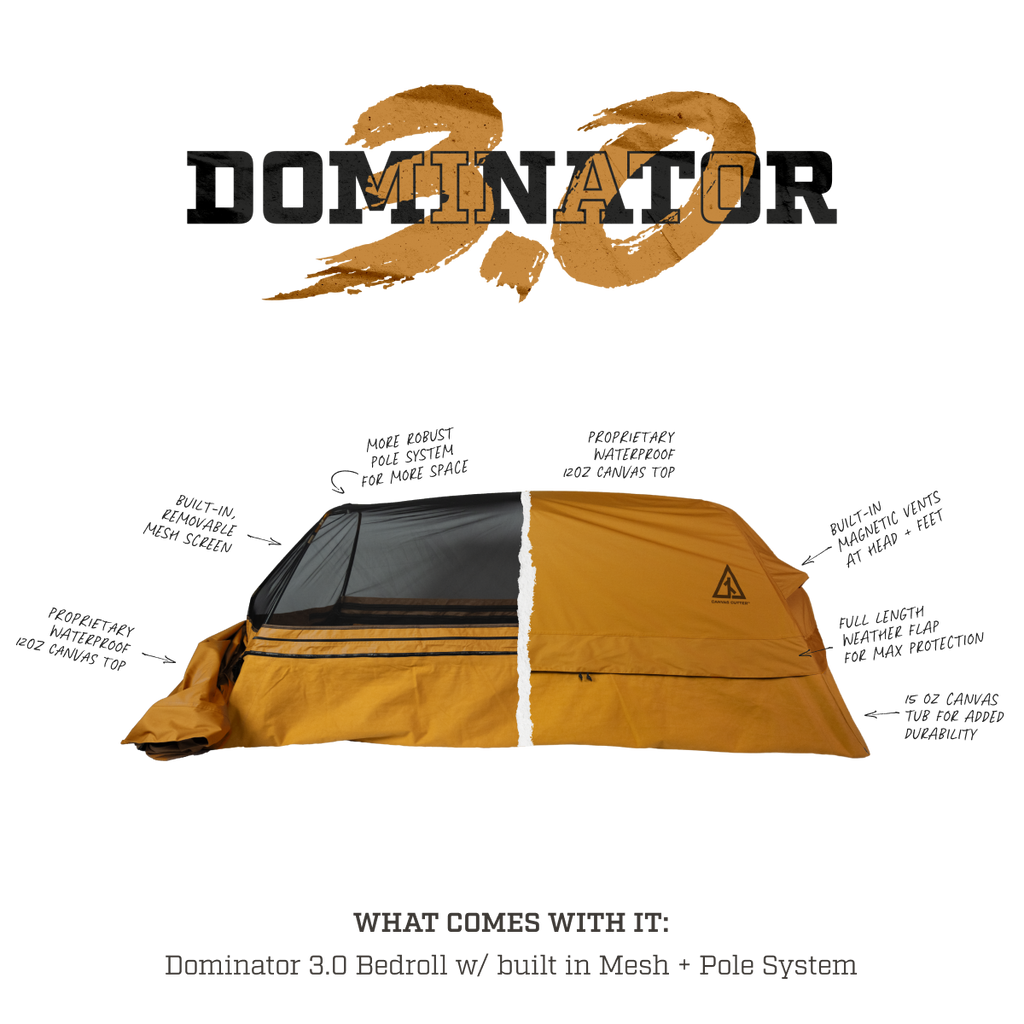 Canvas Cutter Dominator 3.0 canvas bedroll fully set up, showing an all in one sleep system for camping and hunting