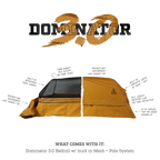 Canvas Cutter Dominator 3.0 canvas bedroll fully set up, showing an all in one sleep system for camping and hunting