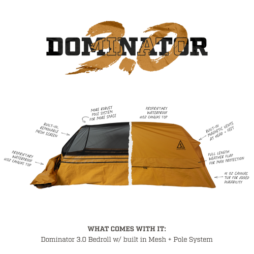 Canvas Cutter Dominator 3.0 canvas bedroll fully set up, showing an all in one sleep system for camping and hunting