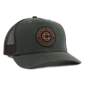 Front view of the Canvas Cutter Hot Iron Hat showing a structured trucker design with stitched patch