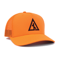 Front view of the Canvas Cutter Stitched Icon Hat Blaze featuring a hunter orange trucker design with black logo