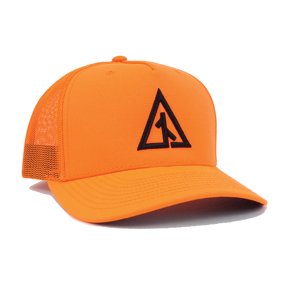 Front view of the Canvas Cutter Stitched Icon Hat Blaze featuring a hunter orange trucker design with black logo
