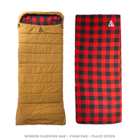 Canvas sleeping bag with thick foam sleeping pad laid out for camping sleep system