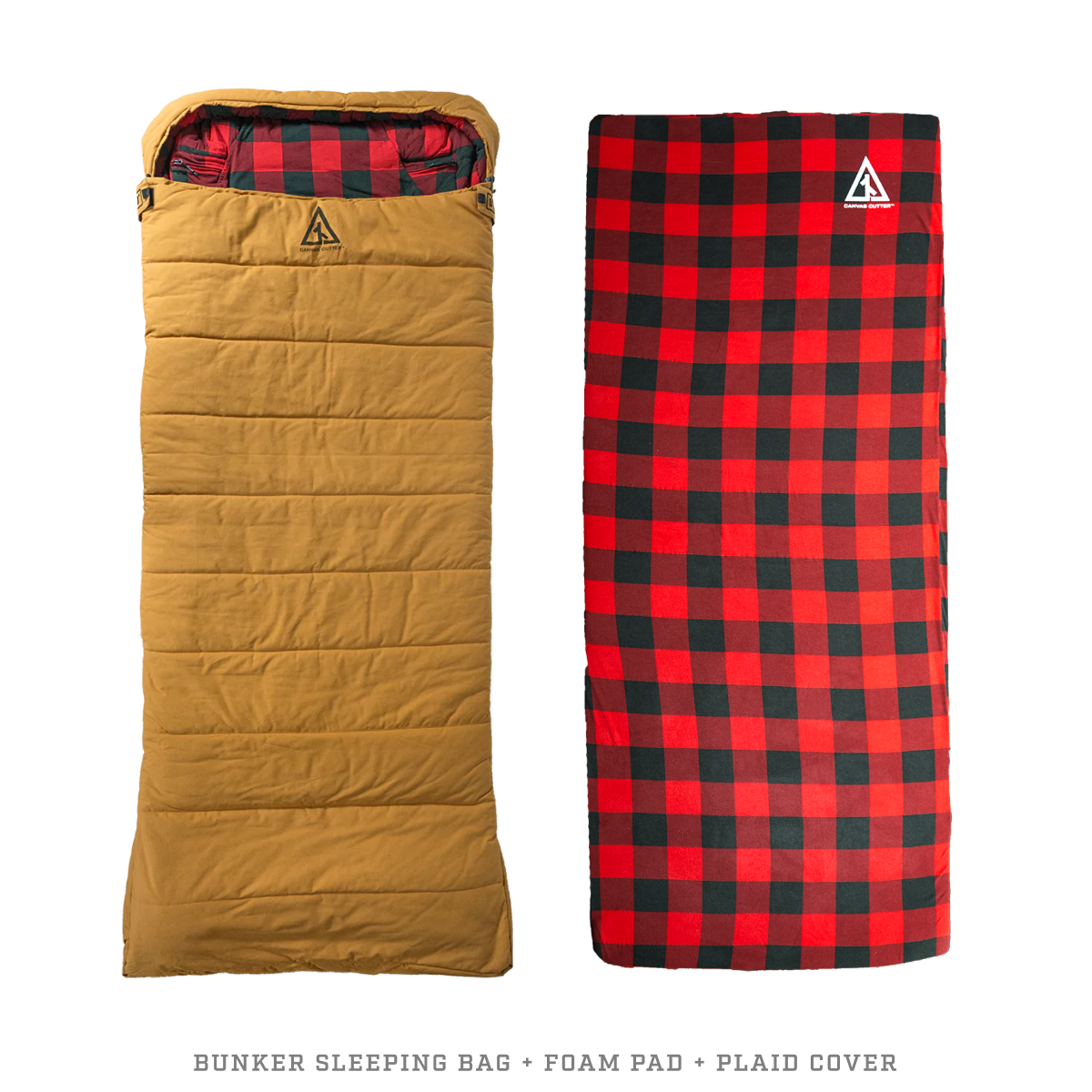 Canvas sleeping bag with thick foam sleeping pad laid out for camping sleep system