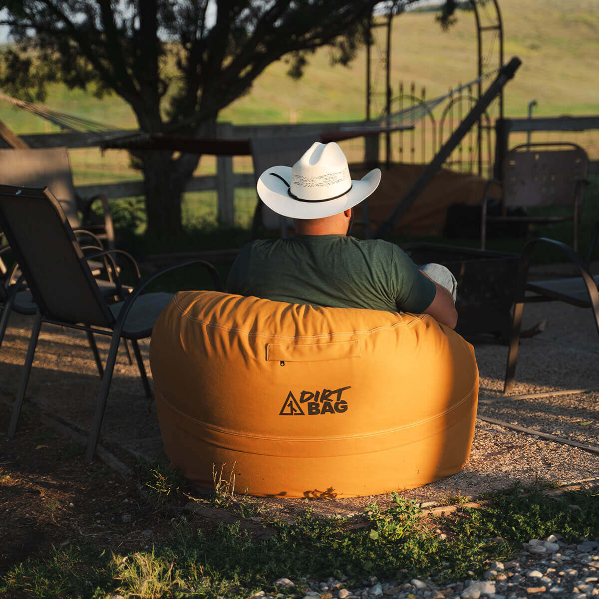 Dirt Bag canvas bean bag used for seating around a campfire