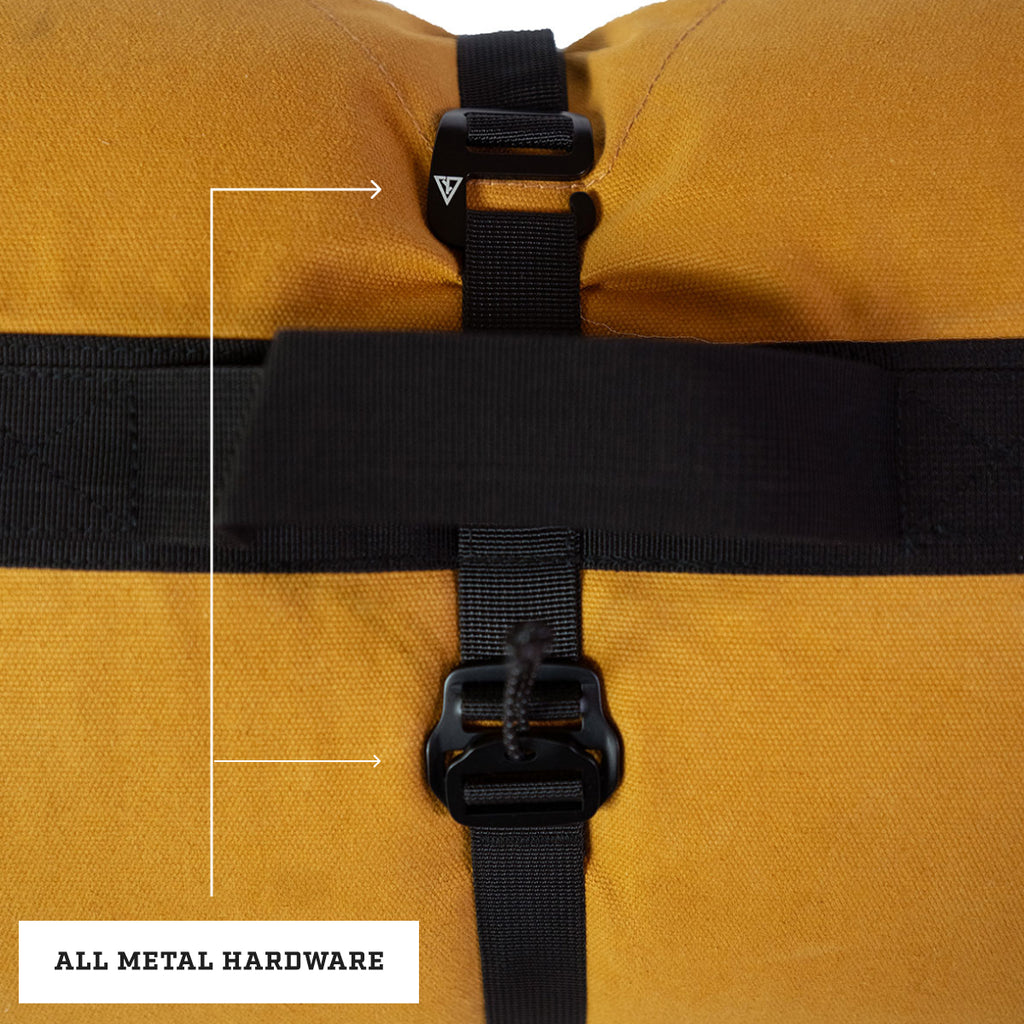 All metal hardware on the Dominator 3.0 bedroll including buckles, clips, and durable attachment points