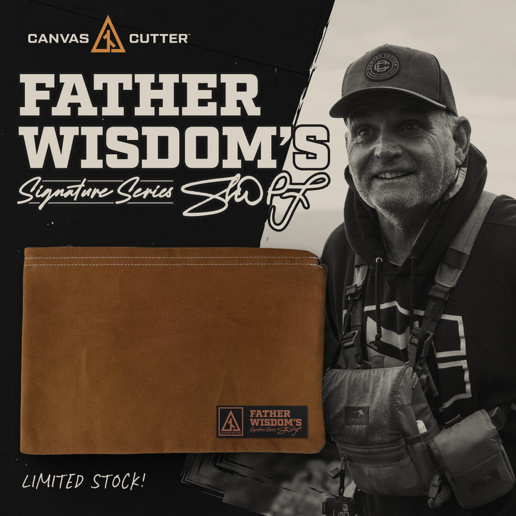 Father Wisdom Signature Series Utility Bag showing the product name on the front of the handcrafted canvas bag