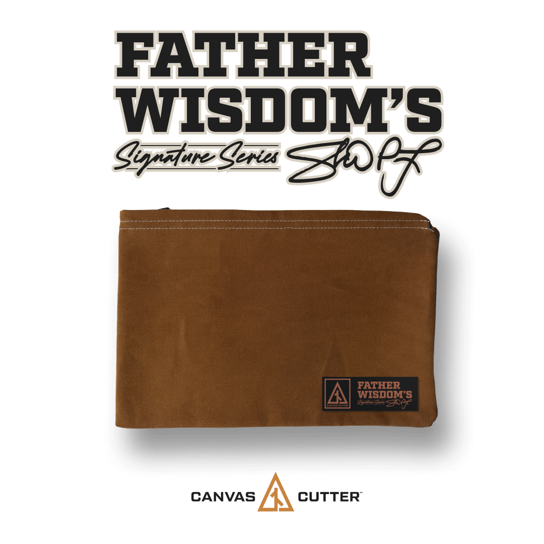 Brown leather wallet with 'Father Wisdom's' branding on a black background