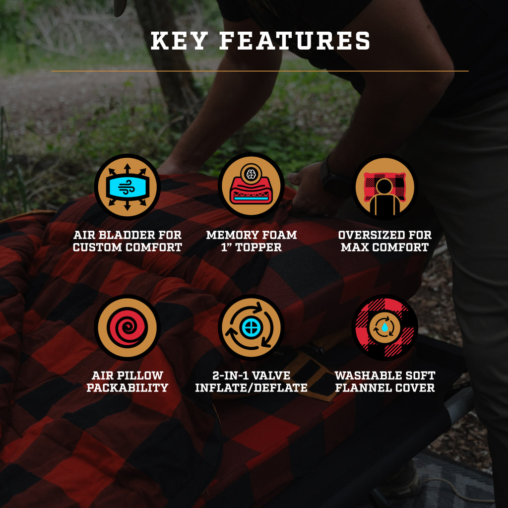 R.E.M. camping pillow showing memory foam comfort, inflatable support, and removable plaid cover features