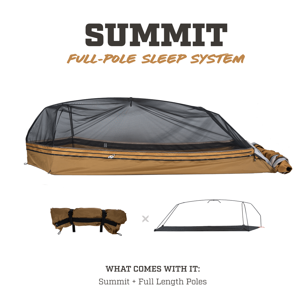Summit Sleep System with full length pole setup showing elevated bivvy structure and mesh interior